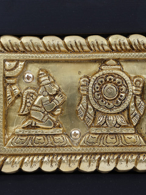 14" Brass Vaishnava Symbols with Garuda and Hanuman | Wood Framed | Wall Hanging