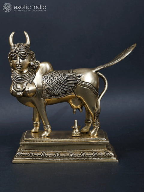 8" Brass Kamadhenu Cow Doing Abhisheka of Shiva Linga with Her Milk