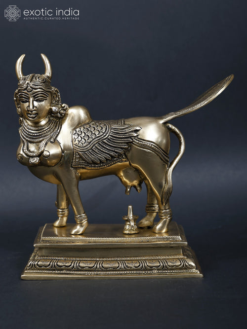 8" Brass Kamadhenu Cow Abhisheka Shiva Linga Statue Handmade