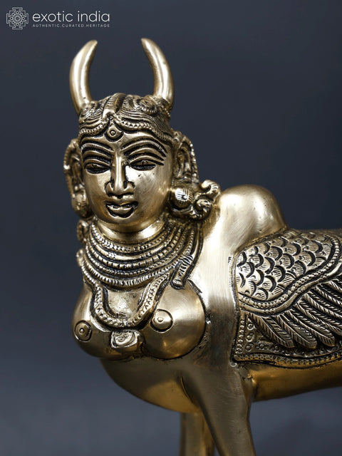 8" Brass Kamadhenu Cow Doing Abhisheka of Shiva Linga with Her Milk