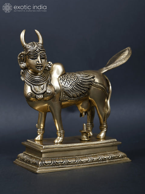 8" Brass Kamadhenu Cow Doing Abhisheka of Shiva Linga with Her Milk