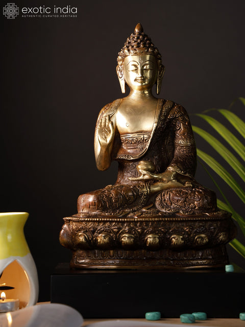 14" Blessing Buddha with Fully Carved Robe | Brass Statue on Wood Base