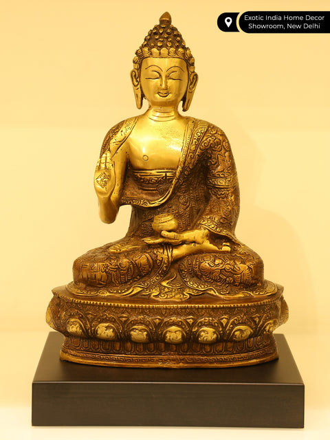 14" Blessing Buddha with Fully Carved Robe | Brass Statue on Wood Base