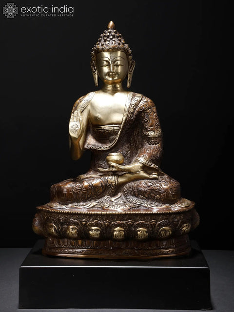 14" Blessing Buddha with Fully Carved Robe | Brass Statue on Wood Base