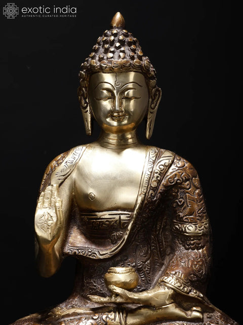 14" Blessing Buddha with Fully Carved Robe | Brass Statue on Wood Base
