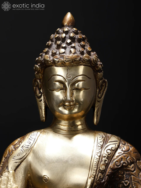 14" Blessing Buddha with Fully Carved Robe | Brass Statue on Wood Base