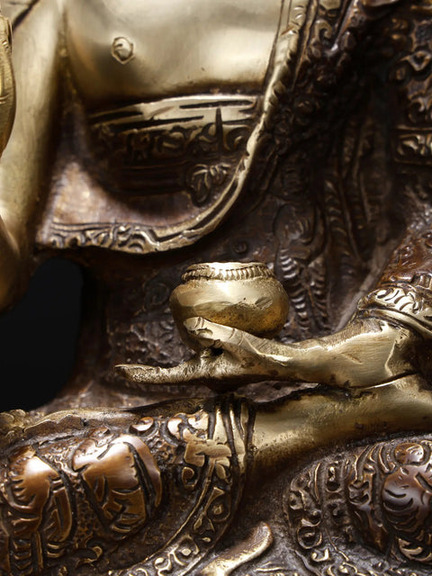 14" Blessing Buddha with Fully Carved Robe | Brass Statue on Wood Base