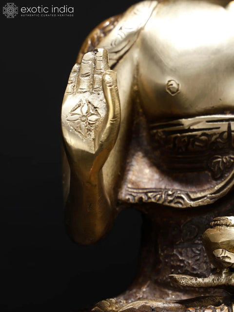 14" Blessing Buddha with Fully Carved Robe | Brass Statue on Wood Base