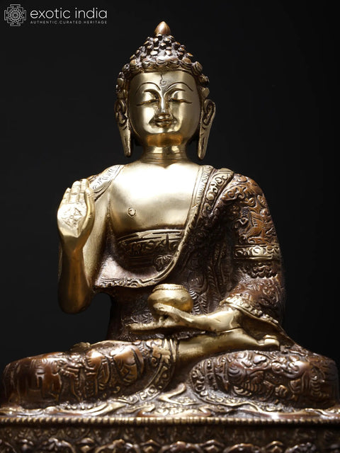 14" Blessing Buddha with Fully Carved Robe | Brass Statue on Wood Base