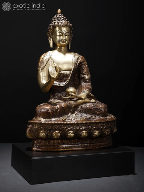 14" Blessing Buddha with Fully Carved Robe | Brass Statue on Wood Base