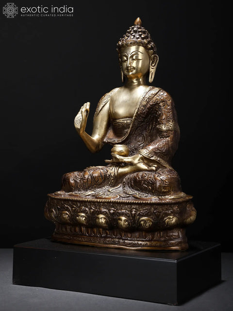 14" Blessing Buddha with Fully Carved Robe | Brass Statue on Wood Base