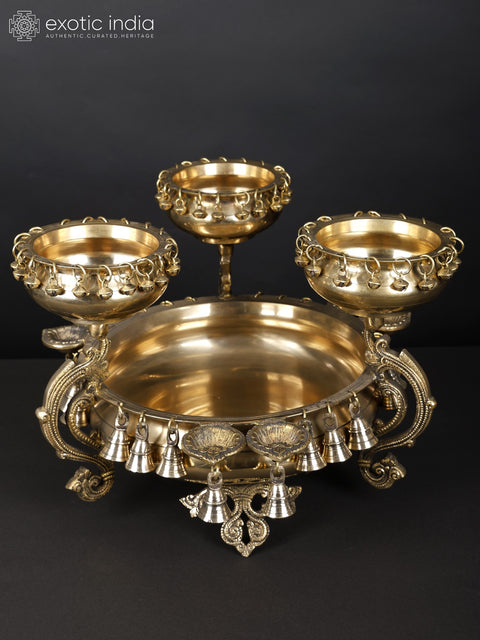 19" Four in One Large Size Designer Brass Urli with Bells and Diyas