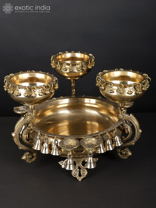19" Four in One Designer Brass Urli with Bells and Diyas for Pooja
