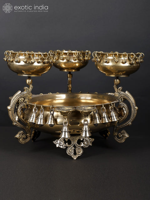 19" Four in One Large Size Designer Brass Urli with Bells and Diyas