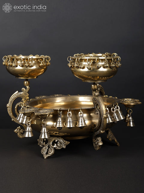 19" Four in One Large Size Designer Brass Urli with Bells and Diyas