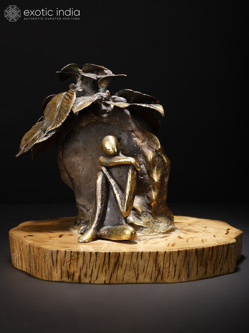 8" Seated Man Under Tree Brass Statue Home Decor
