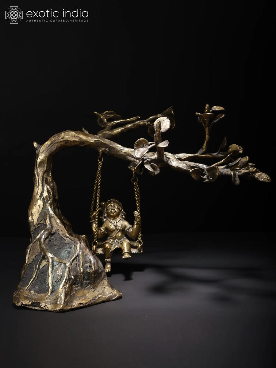 12" Bal Krishna on Swing Handmade Brass Sculpture