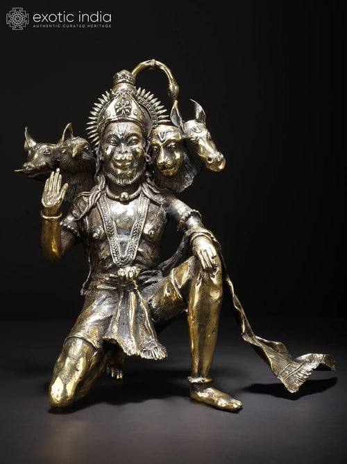 10" Panchamukhi Hanuman Brass Statue Seated in Blessing Gesture