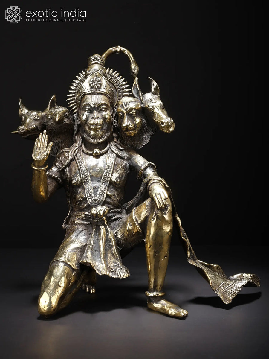 10" Panchamukhi Hanuman Brass Statue Seated in Blessing Gesture