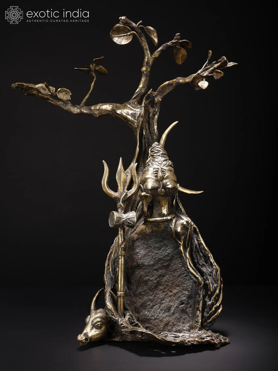 18" Lord Shiva Seated Under Tree with Nandi Brass Sculpture