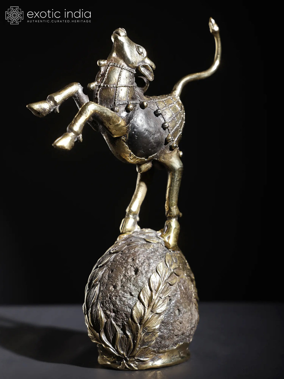 9" Nandi Dancing on The Globe | Brass and Stone Sculpture