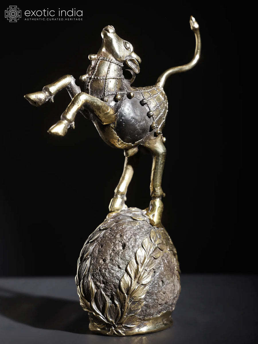 9" Nandi Dancing on the Globe Brass and Stone Sculpture