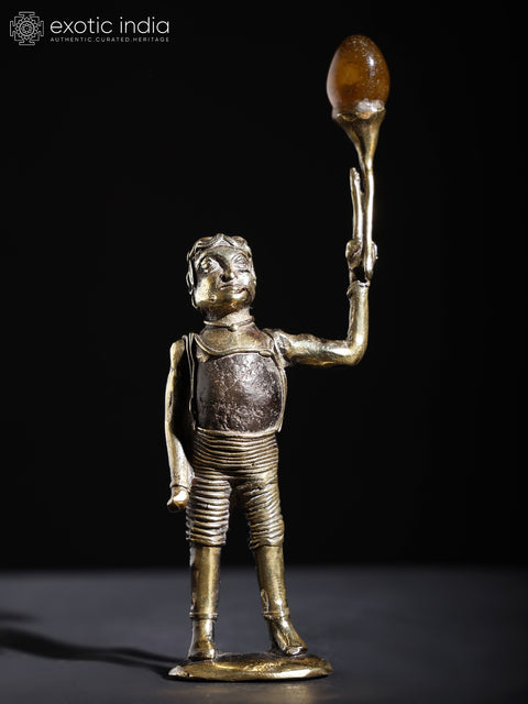 7" A Child with Balloon | Brass and Stone Sculpture crafted in Dhokra Style
