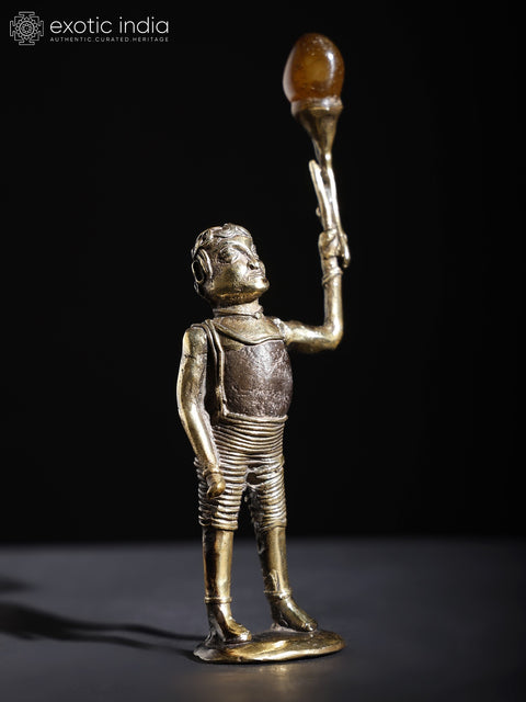 7" A Child with Balloon | Brass and Stone Sculpture crafted in Dhokra Style