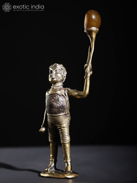 7" A Child with Balloon | Brass and Stone Sculpture crafted in Dhokra Style