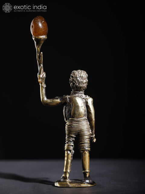 7" A Child with Balloon | Brass and Stone Sculpture crafted in Dhokra Style