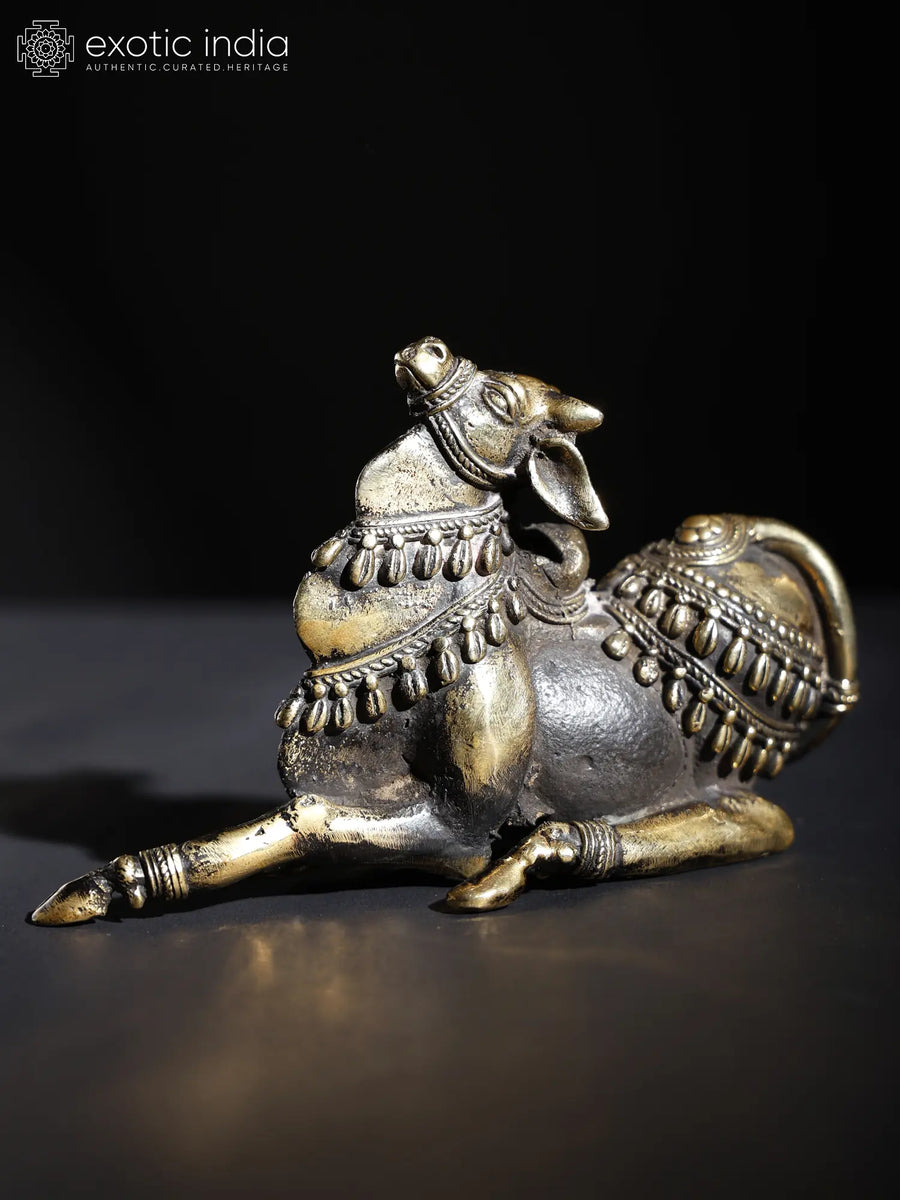5" Decorated Nandi Brass and Stone Handmade Idol