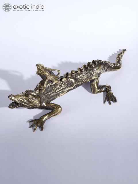 12" Monkey on Crocodile Brass and Stone Sculpture | Table Decor