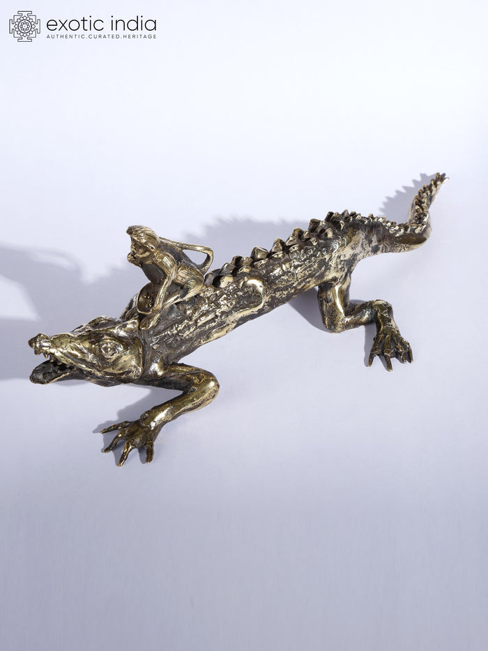 12" Handmade Monkey on Crocodile Brass and Stone Sculpture