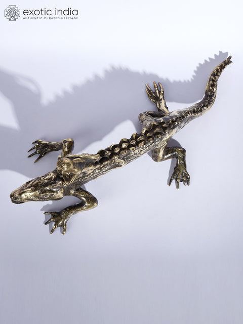 12" Monkey on Crocodile Brass and Stone Sculpture | Table Decor