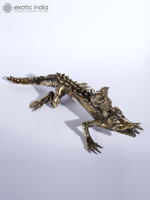 12" Monkey on Crocodile Brass and Stone Sculpture | Table Decor