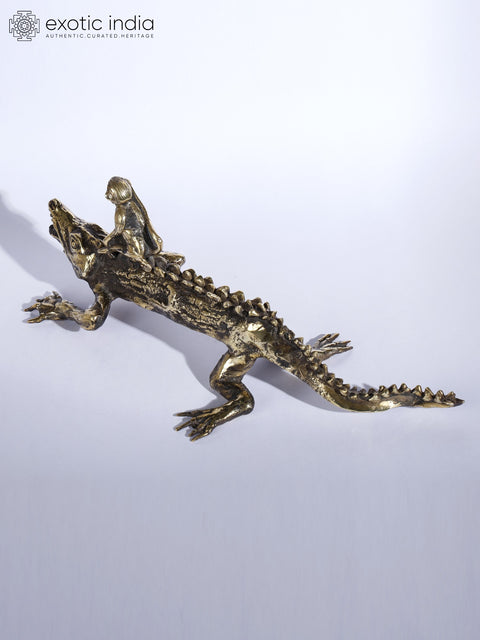 12" Monkey on Crocodile Brass and Stone Sculpture | Table Decor