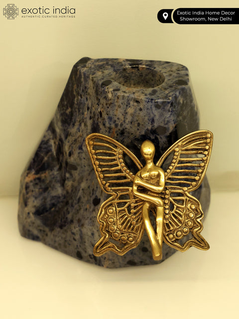 6" Brass Beautiful Angel on Lapis Lazuli Gemstone with Candle Holder