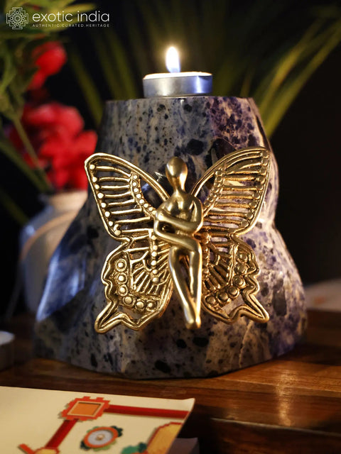 6" Brass Beautiful Angel on Lapis Lazuli Gemstone with Candle Holder