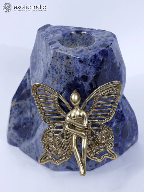 6" Brass Beautiful Angel on Lapis Lazuli Gemstone with Candle Holder