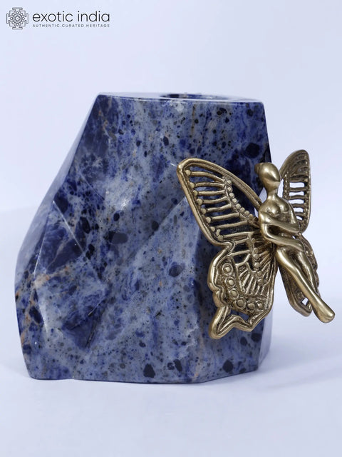 6" Brass Beautiful Angel on Lapis Lazuli Gemstone with Candle Holder