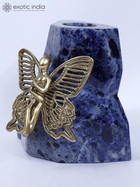 6" Brass Beautiful Angel on Lapis Lazuli Gemstone with Candle Holder