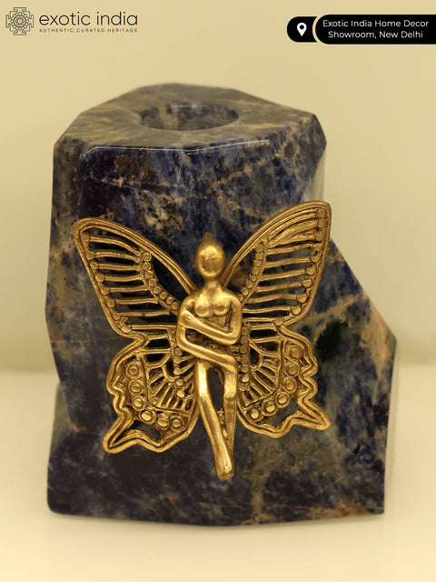 7" Brass Angel on Lapis Lazuli Gemstone with Candle Holder | Home Decor