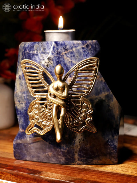 7" Brass Angel on Lapis Lazuli Gemstone with Candle Holder | Home Decor