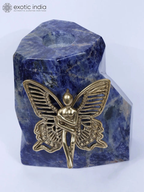 7" Brass Angel on Lapis Lazuli Gemstone with Candle Holder | Home Decor