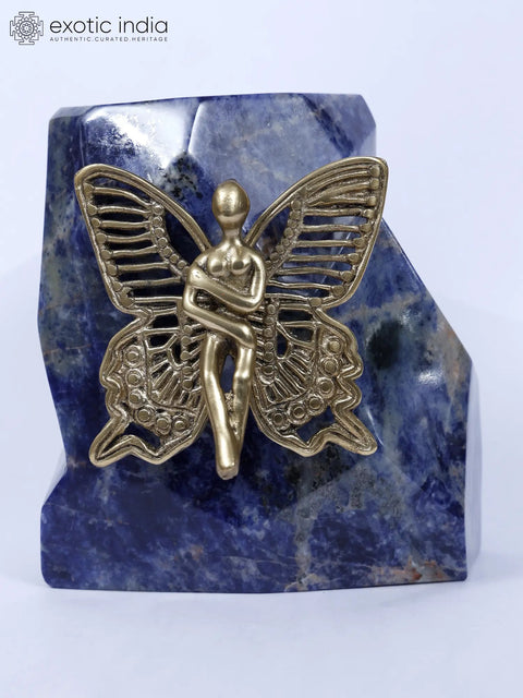 7" Brass Angel on Lapis Lazuli Gemstone with Candle Holder | Home Decor