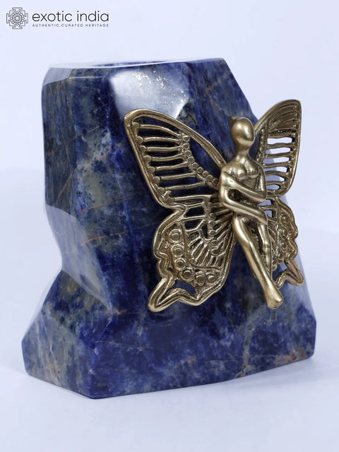 7" Brass Angel on Lapis Lazuli Gemstone with Candle Holder | Home Decor