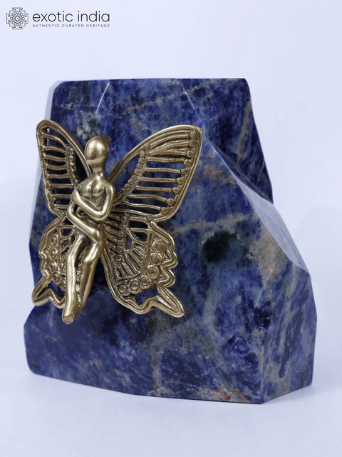 7" Brass Angel on Lapis Lazuli Gemstone with Candle Holder | Home Decor