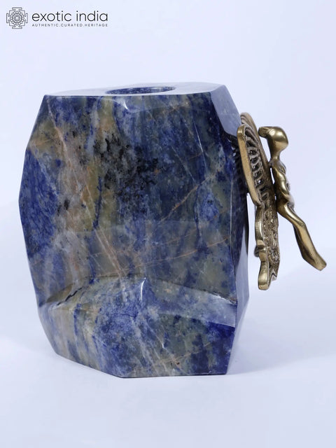 7" Brass Angel on Lapis Lazuli Gemstone with Candle Holder | Home Decor