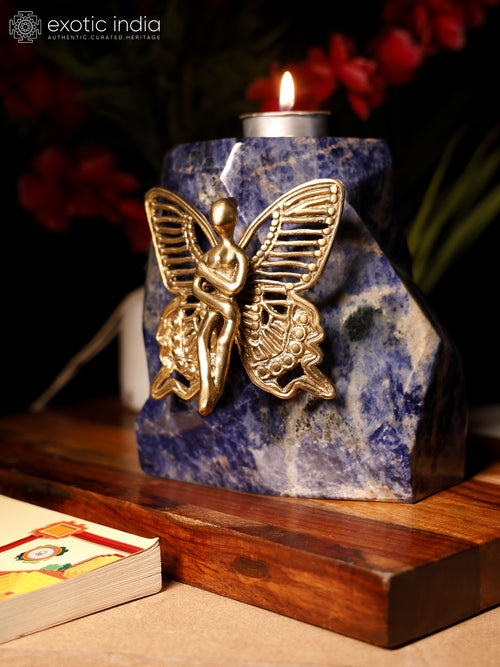 7" Brass Angel Statue on Lapis Lazuli with Candle Holder