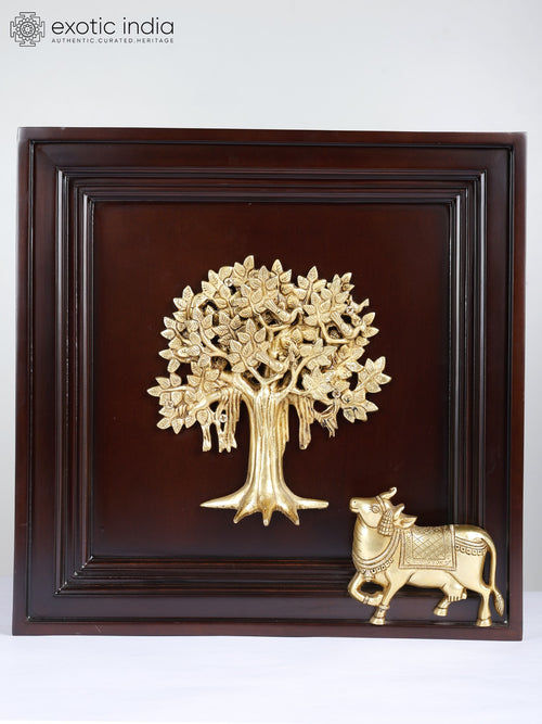 16" Brass Kamadhenu Cow With Kalpavriksh Tree Wall Hanging
